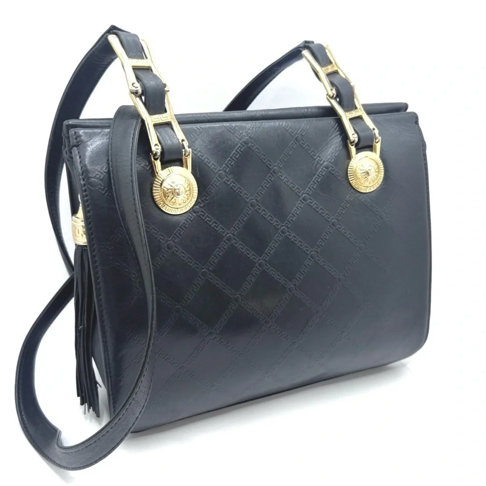 Authentic VERSACE Vintage Black Leather Zip Shoulder Bag Purse W/ Tassel